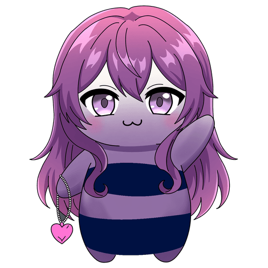 A purple Fluff with long pink hair, a striped outfit and a heart necklace
