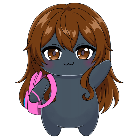 A charcoal Fluff with long brown hair and a pink backpack