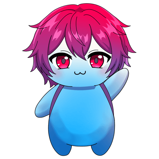 A blue Fluff with crimson hair and purple straps