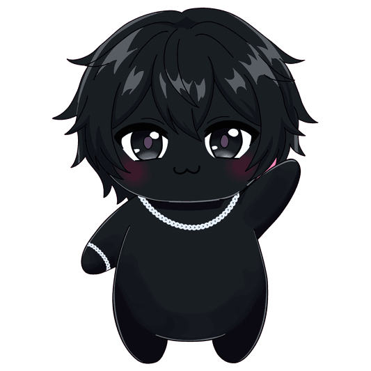 A charcoal-bodied Fluff with black hair and a silver chain