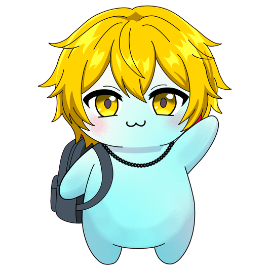 A pale blue Fluff with golden hair and a black backpack