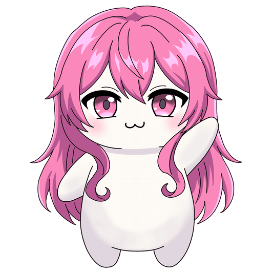 A cream-bodied Fluff with long pink hair and pink eyes