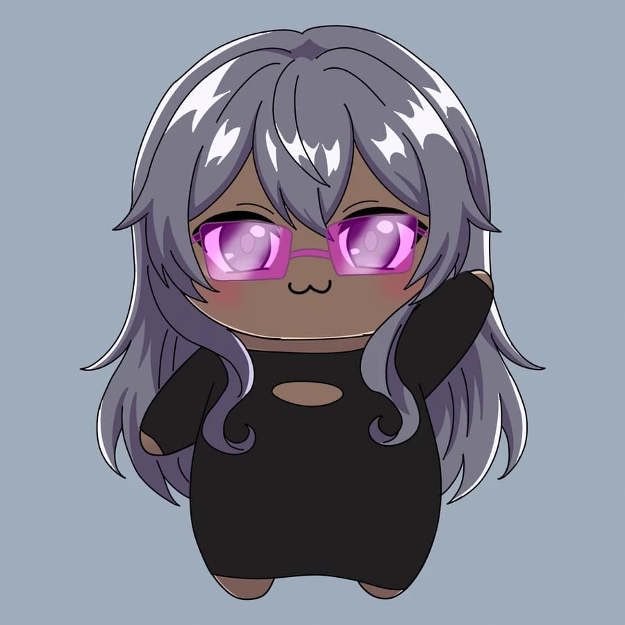A brown Fluff with long silver hair and pink glasses in black