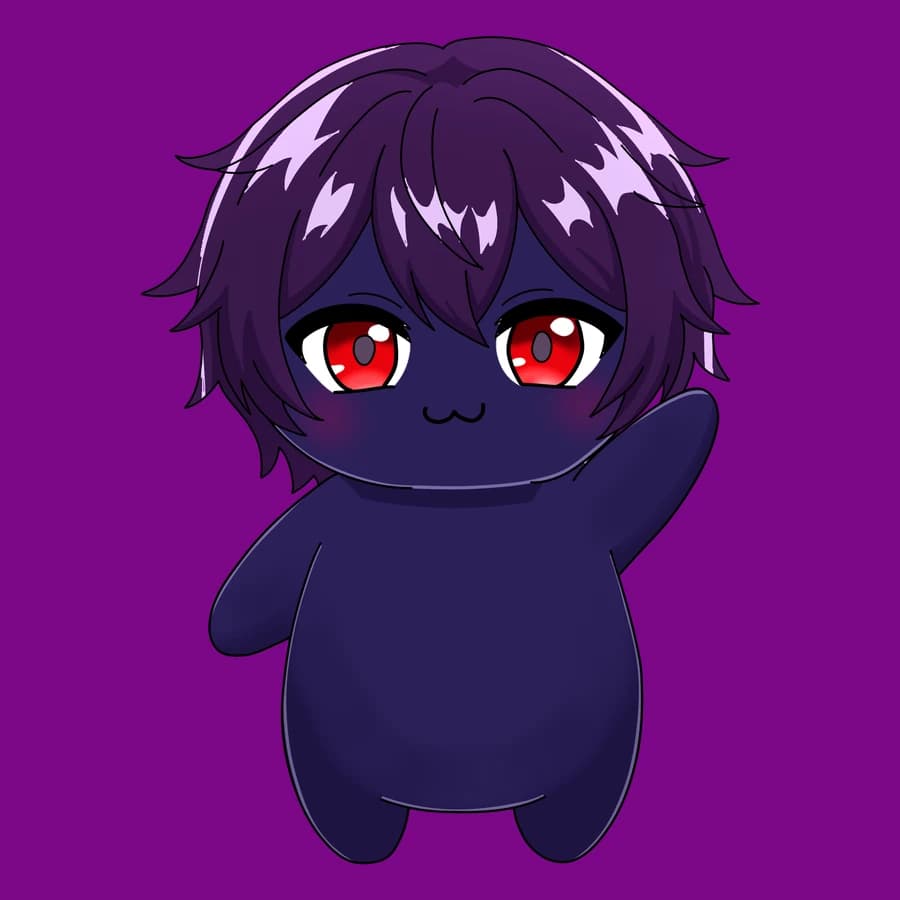 A deep navy Fluff with dark purple hair and red eyes