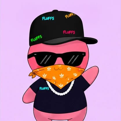 A pink Fluff in a Fluffs cap, sunglasses, orange bandana and a pearl chain