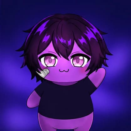 A purple Fluff with dark violet hair and pink eyes in a black tee