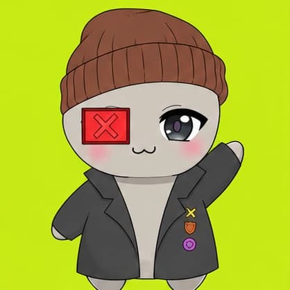 A grey Fluff in a brown beanie and pinned coat with a red cross over one eye