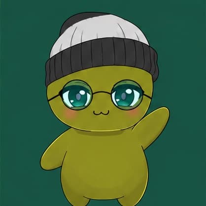 An olive Fluff in a striped beanie and round glasses