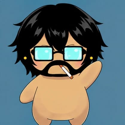 A tan Fluff with long black hair, glasses and a cigarette