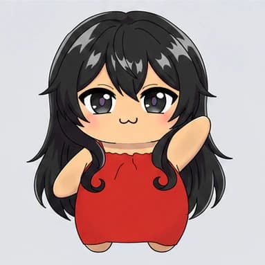 A tan Fluff with long black hair in a red dress