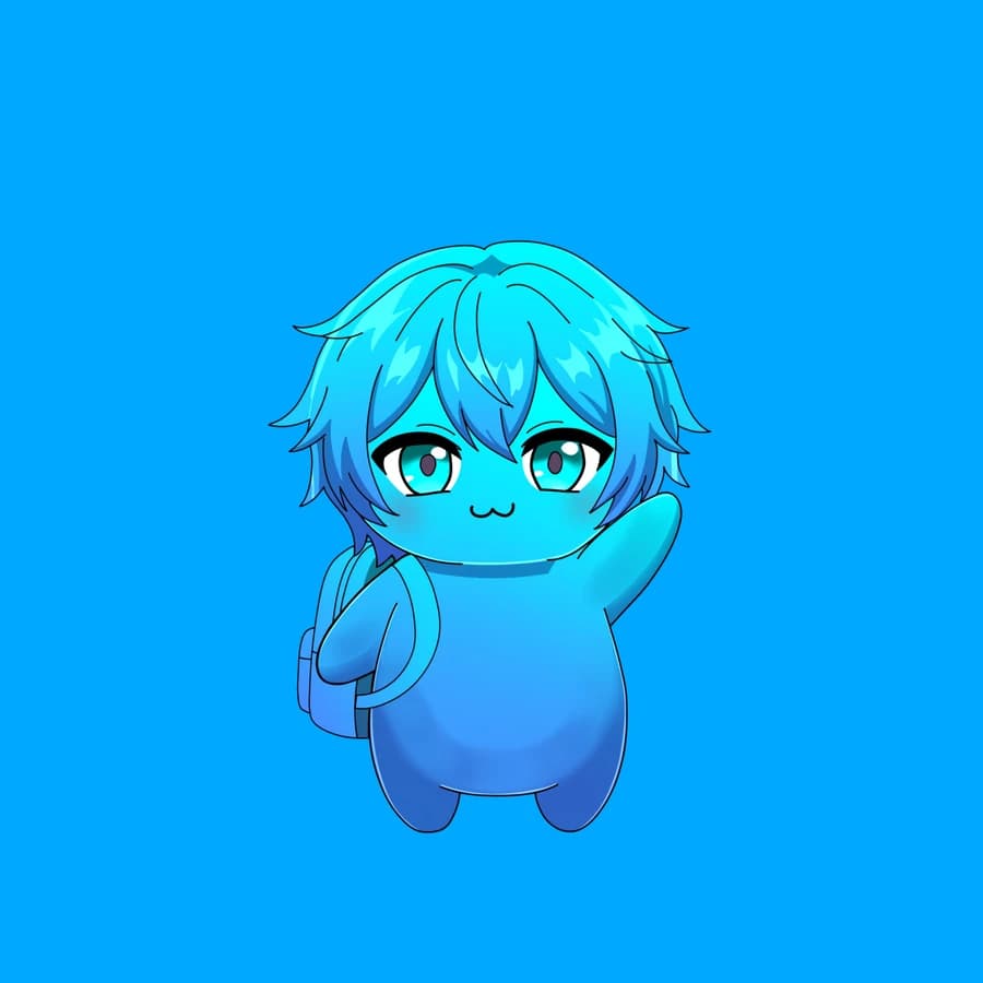 A cyan Fluff with teal hair and a shoulder bag