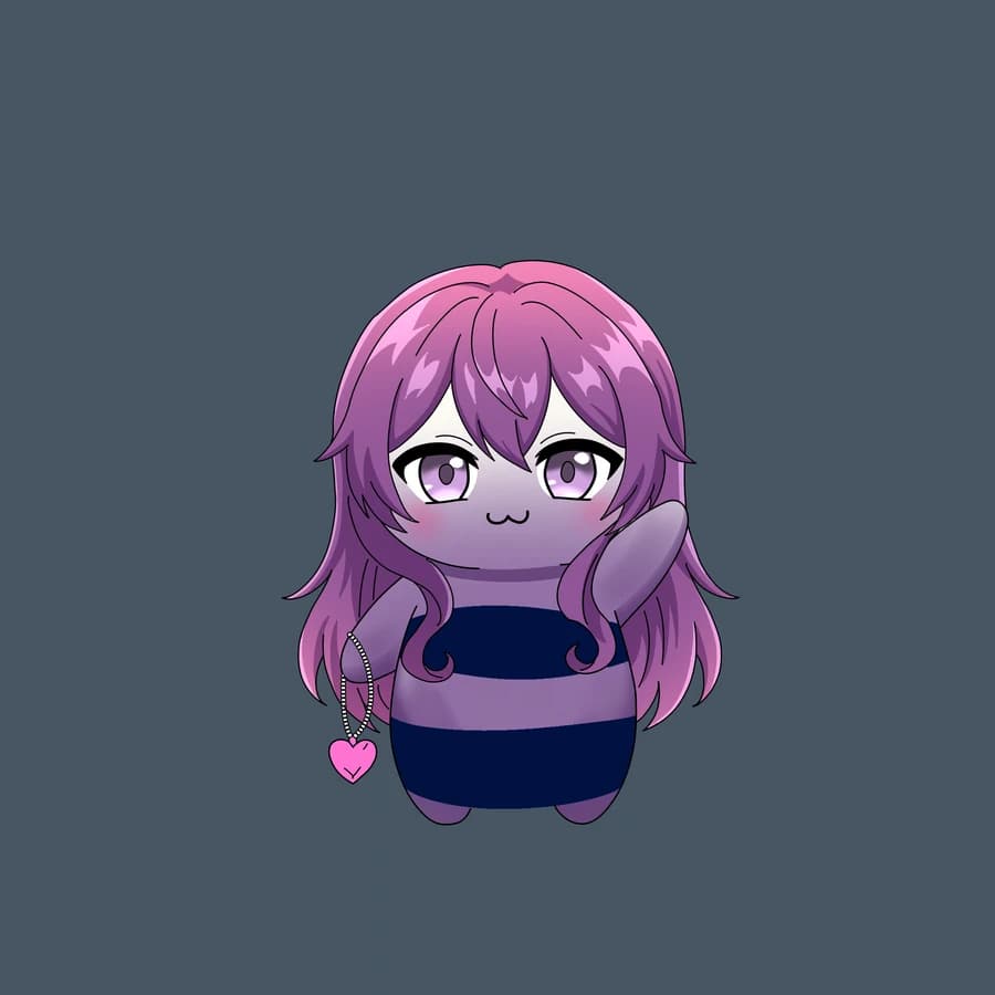 A lilac Fluff with long purple hair, a striped dress and a pink heart pendant