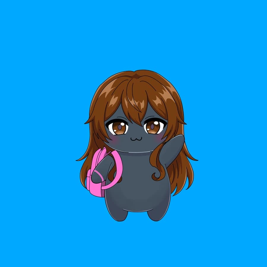 A grey Fluff with long brown hair and a pink backpack