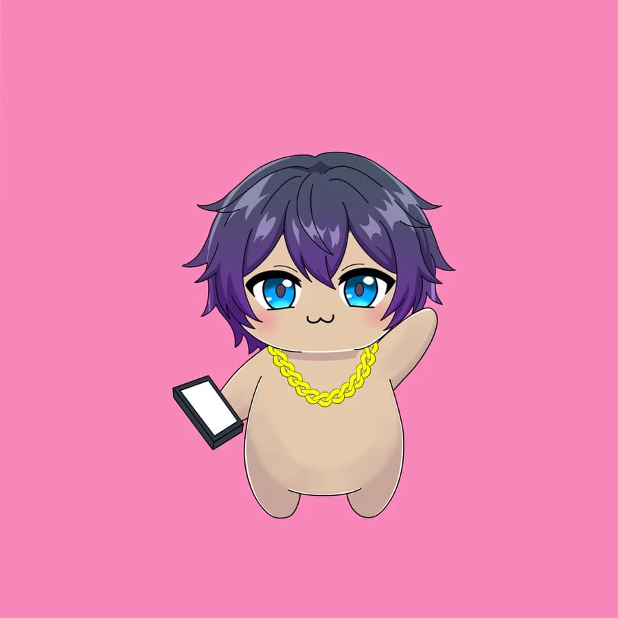 A tan Fluff with dark purple hair, a gold chain and a phone
