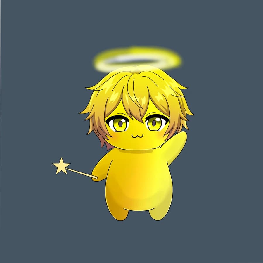 A yellow Fluff with a halo and a star wand