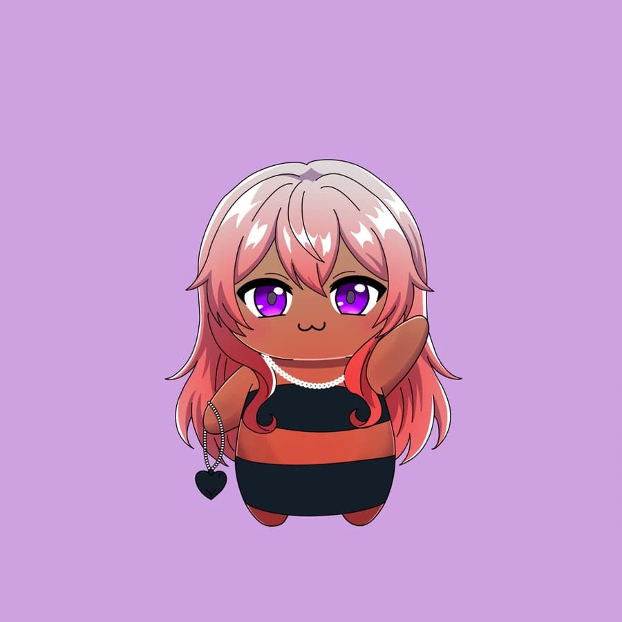 A deep brown Fluff with long peach hair and a heart pendant
