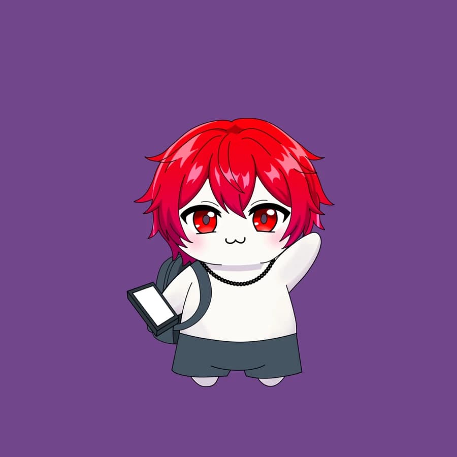 A cream Fluff with red hair, a backpack and a phone