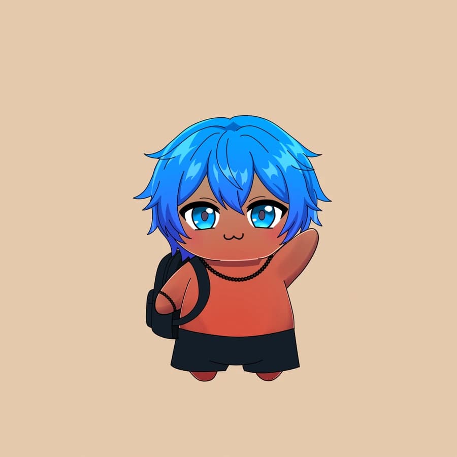 A brown Fluff with blue hair and a backpack