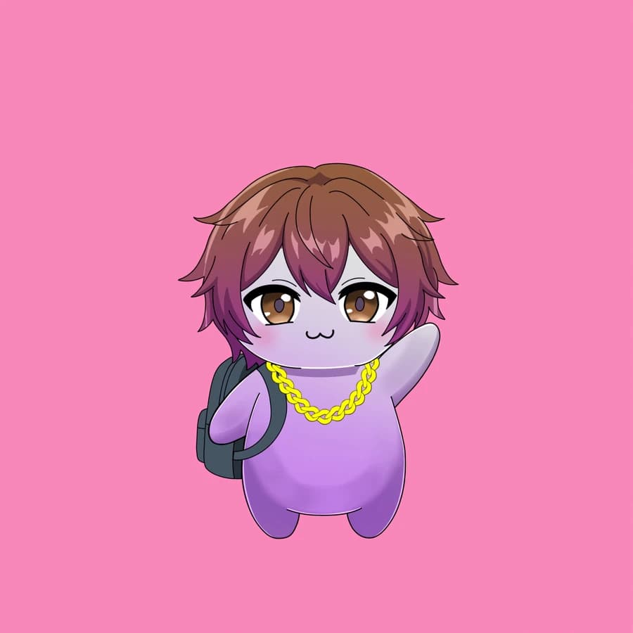 A lilac Fluff with brown hair and a gold chain