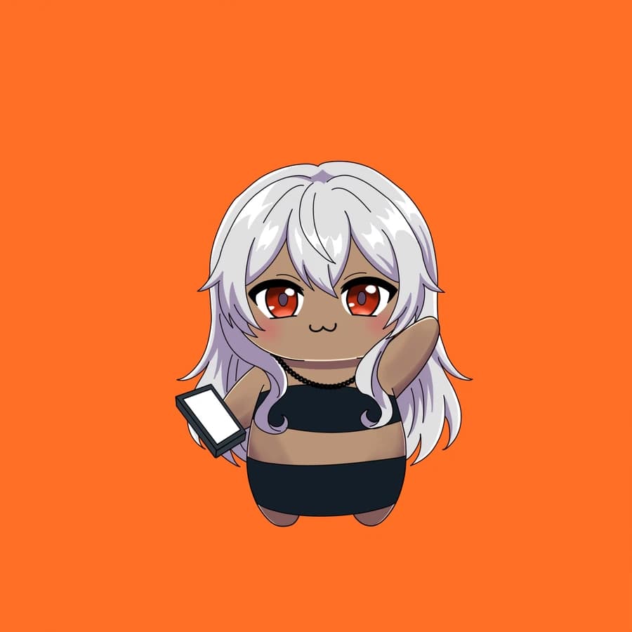 A dark Fluff with long white hair and a phone