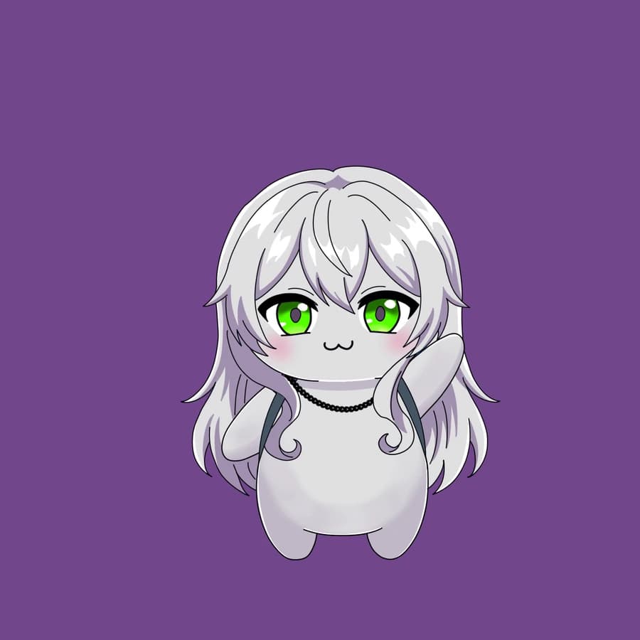 A white Fluff with green eyes and a beaded necklace