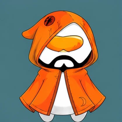 A white Fluff in an orange hooded cloak with a dark visor